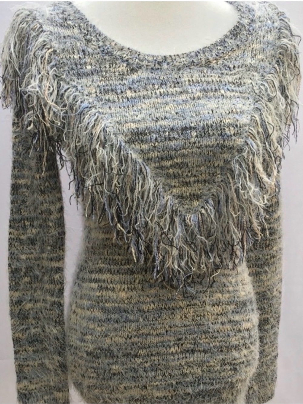 Gianni Bini Space Dye Fringe Eyelash Fuzzy Knit Sweater Dress Tunic L Blue Grey - Picture 4 of 10